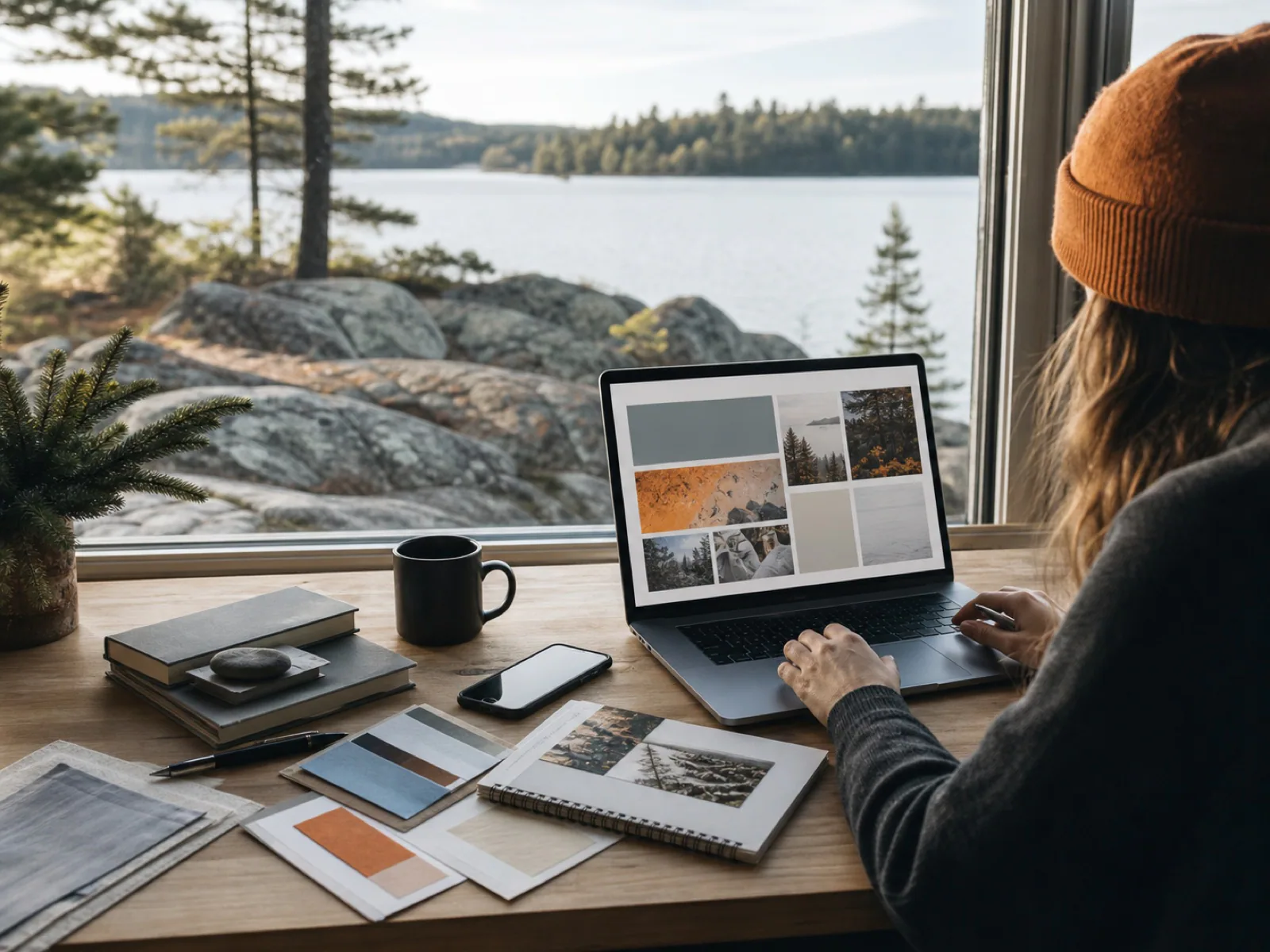 A Northern Ontario business workspace set against a quiet lake and pine landscape