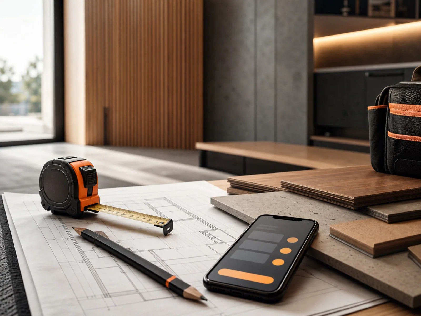 Contractor plans, material samples and mobile quote-request screen