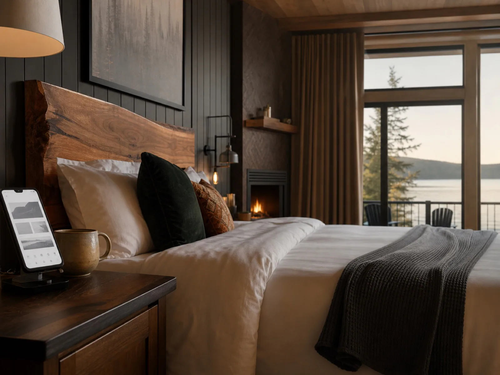 Boutique hotel room with lake view and mobile booking screen