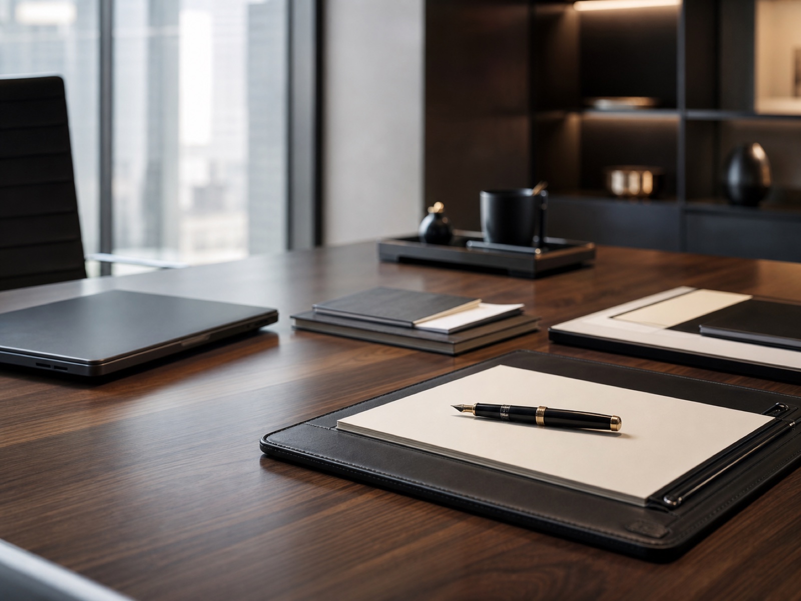 Organized executive law office workspace with folio and fountain pen