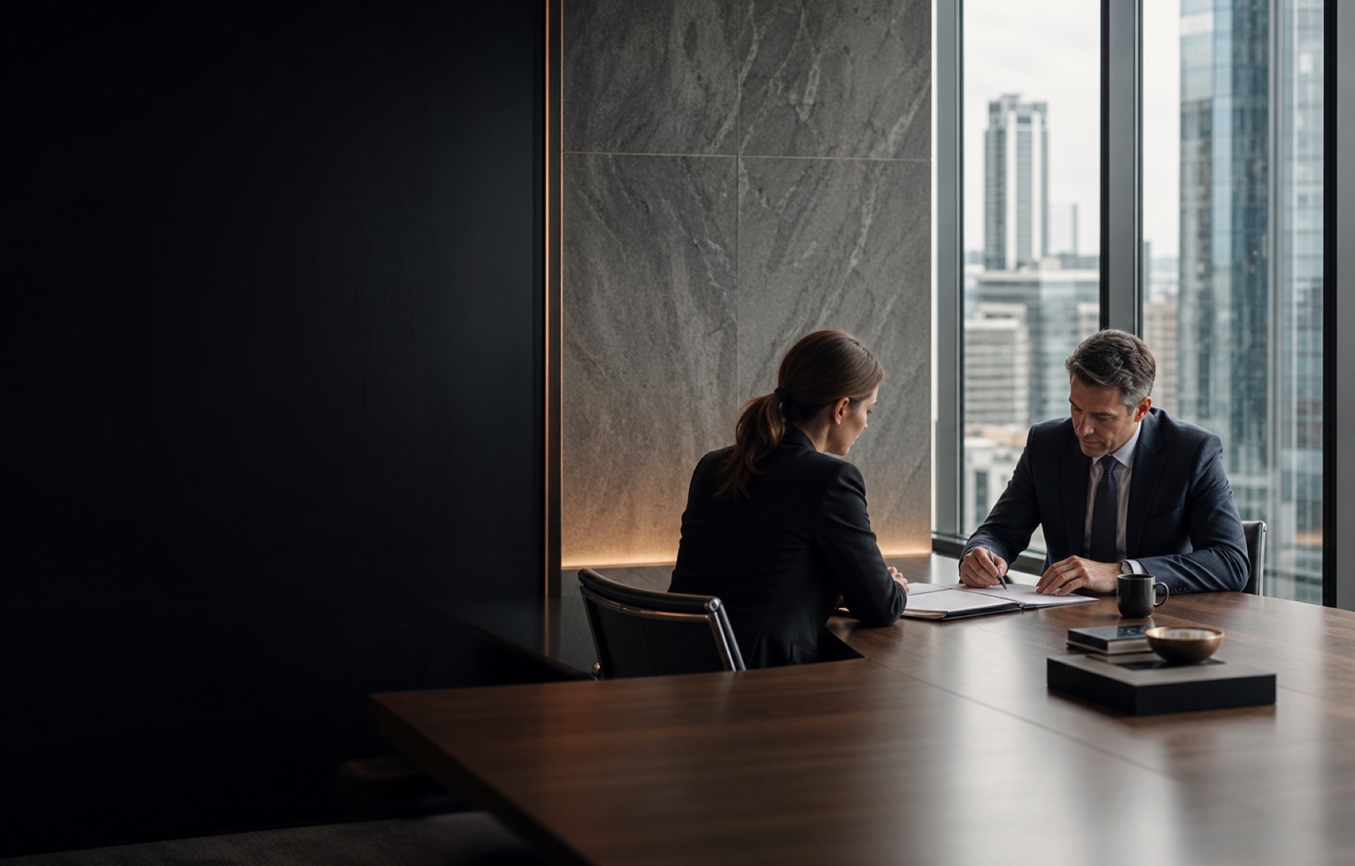 Legal professionals meeting in a refined Canadian law office