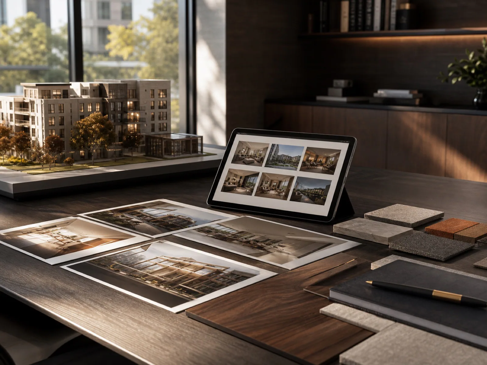 Real estate presentation workspace with property model and listing tablet