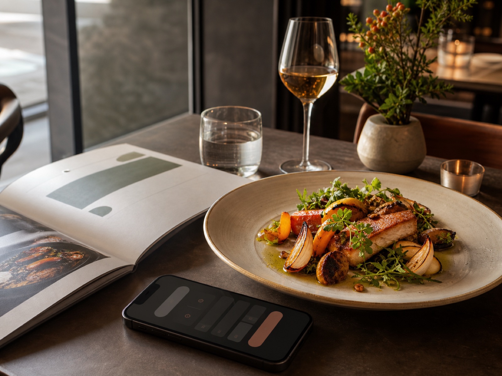 Restaurant table with plated food, menu and mobile reservation screen