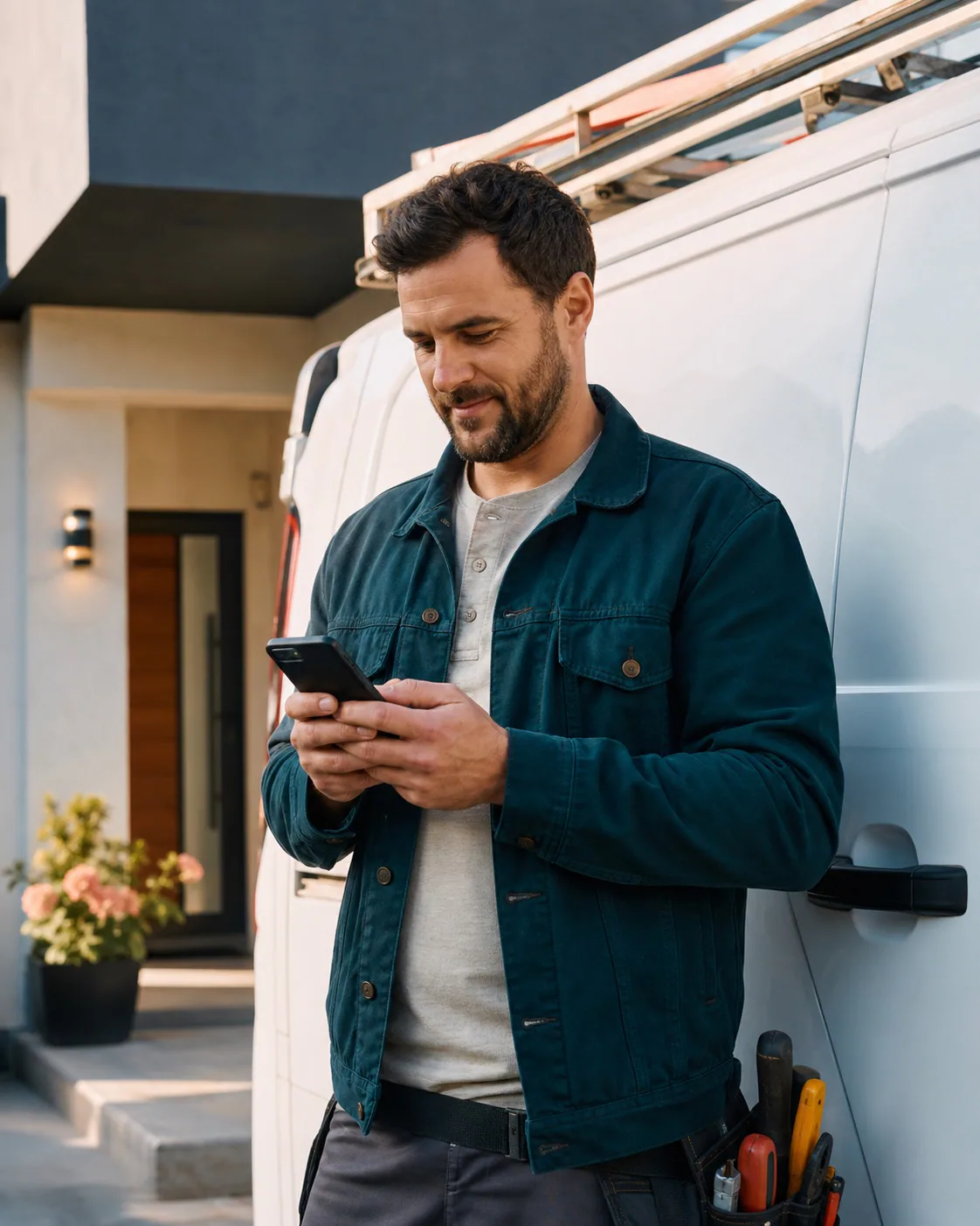 Local contractor checking business information on a phone