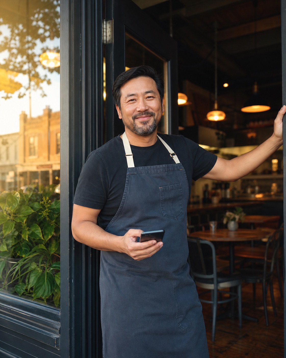 Restaurant owner welcoming customers at his local restaurant